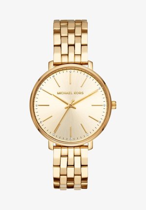 Złoty zegarek na rękę Michael Kors z okrągłą tarczą, minimalistycznymi oznaczeniami godzin, trzema wskazówkami i metalową bransoletą. Bez cyfr, kryształowe akcenty na tarczy.