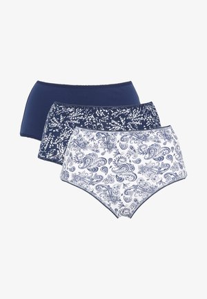 Drie paar damesondergoed: twee effen marineblauw, één wit met een blauw paisleypatroon. Katoenen materiaal met elastische taillebanden.