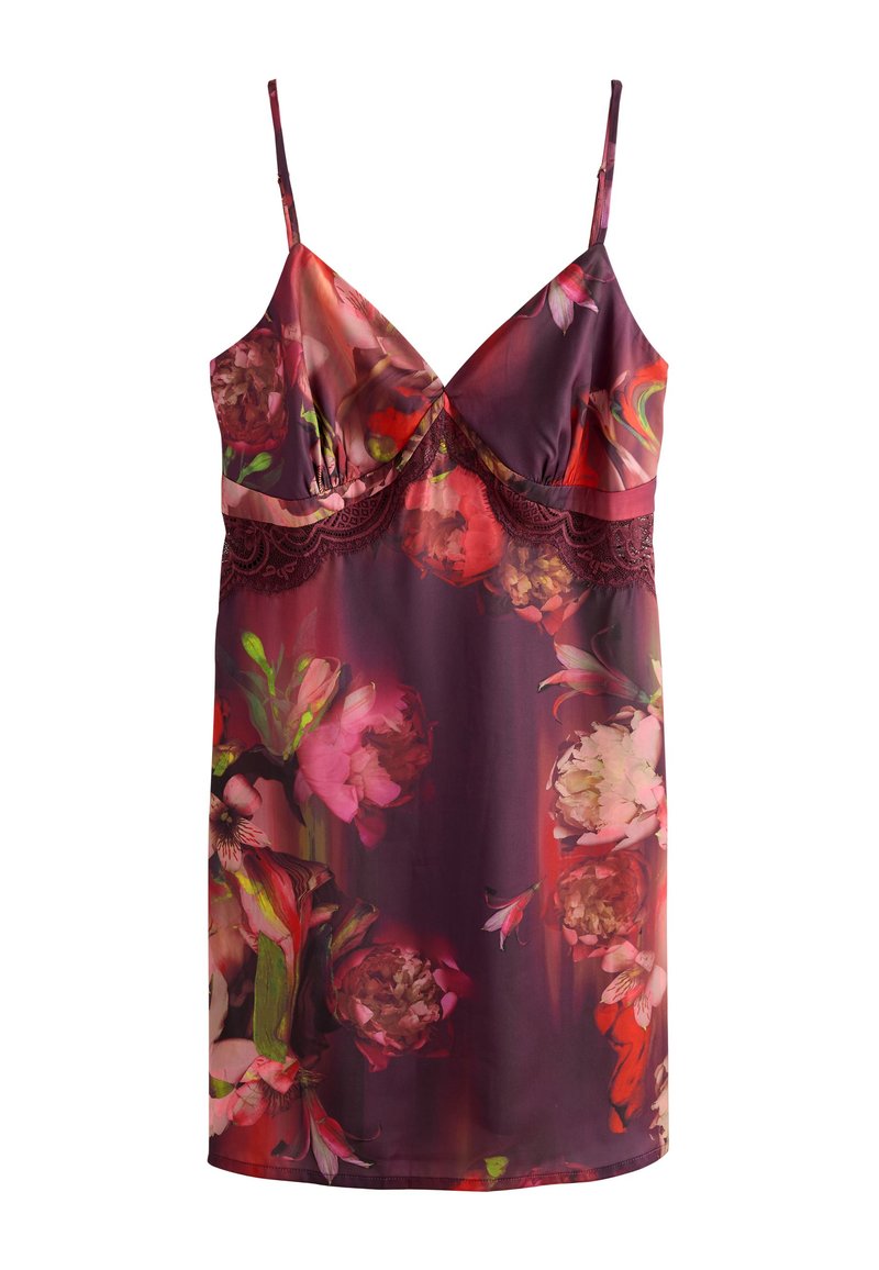 Gėlių rašto suknelė iš skaidrios, šilkinės medžiagos, tamsiai violetinės spalvos pagrindu su spalvotais gėlių raštais. Turi reguliuojamas petnešėles ir nėrinių akcentus.