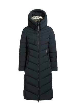 Lang svart pufferjakke med et chevronmønster, høy krage og snorhette. Frontglidelås og sidelommer. Innerforet er metallisk.