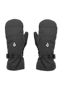 Moufles isolantes noires avec extérieur durable, sangle de poignet sécurisée et accent logo sur le dessus. Design simple et fonctionnel.