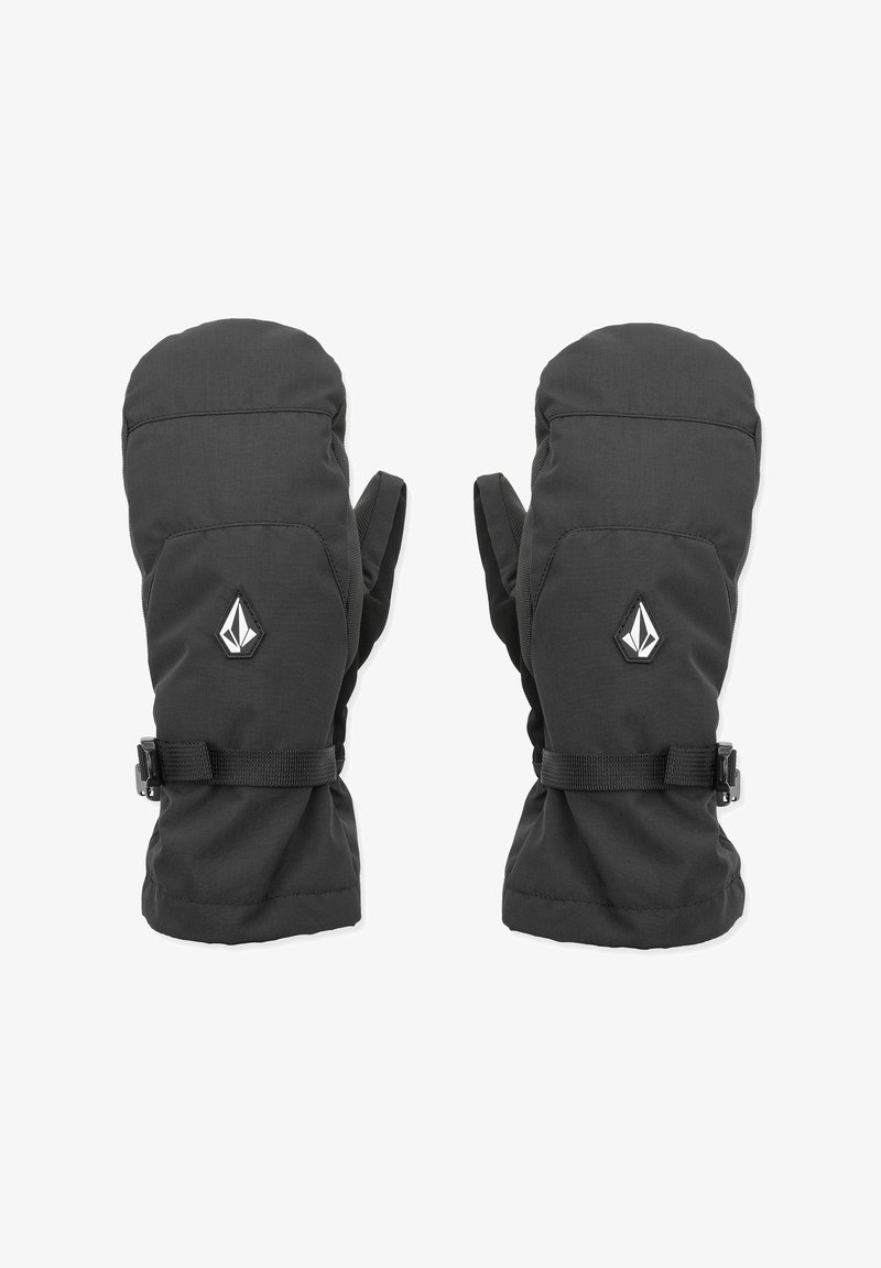 Moufles isolantes noires avec extérieur durable, sangle de poignet sécurisée et accent logo sur le dessus. Design simple et fonctionnel.