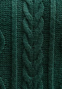 Ciemnozielona dzianina swetra z teksturowanym wzorem warkoczowym biegnącym pionowo. Włóczka jest miękka i gruba, co tworzy przytulny wygląd.