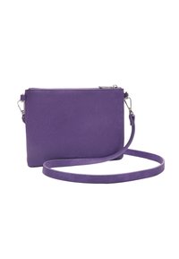 Fioletowa skórzana torebka typu crossbody o gładkiej fakturze, z suwakiem i regulowanym paskiem. Smukły prostokątny kształt, minimalne akcenty w hardware.