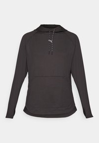 Svart långärmad huvtröja av lätt material, med en framficka och dragsko i huvan med kontrasterande detaljer.