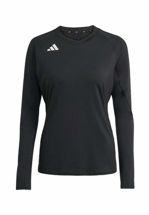 Zwarte sportshirt met lange mouwen, gemaakt van vochtafvoerend materiaal, met een ronde hals en witte logodetails op de linkerschouder.