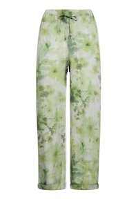 Lichte, loszittende broek in een groen bloemenpatroon. Gemaakt van ademende stof, met een elastische tailleband en trekkoorddetails.