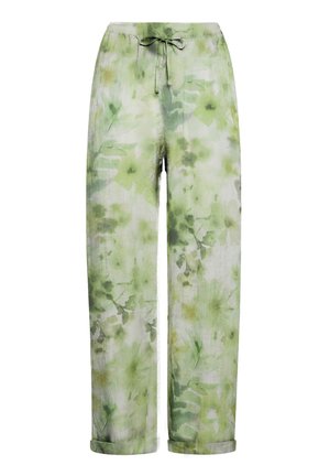 Pantalones ligeros y sueltos en un estampado floral verde. Hechos de tejido transpirable, con una cinturilla elástica y detalles de cordón.
