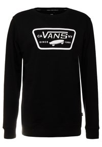 Sudadera negra de manga larga hecha de algodón que presenta un logo gráfico blanco con una patineta y texto, cuello redondo y puños acanalados.