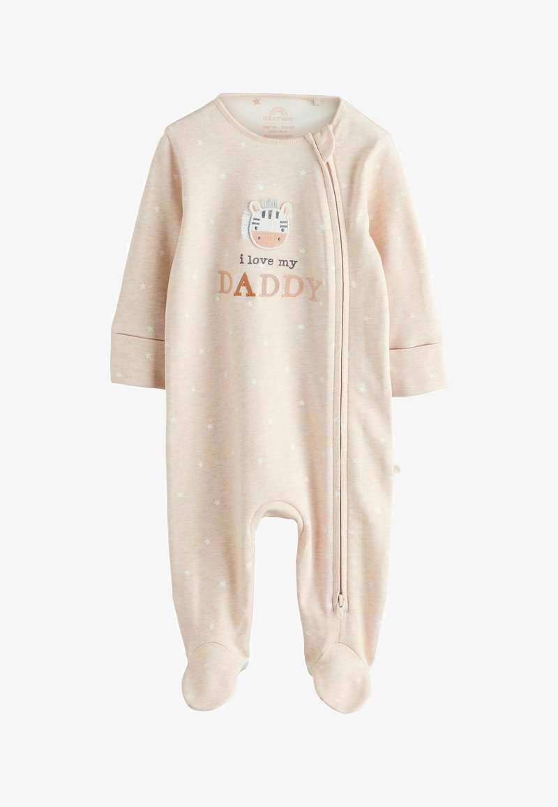Svetlo béžový detský overal s malými hviezdičkovými vzormi, zebrovou tvárou a textom "i love my DADDY" na hrudi, s predným zipsom.