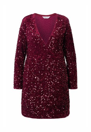 Burgunderfarbenes Paillettenkleid mit langen Ärmeln, tiefem V-Ausschnitt und texturiertem Stoff. Das Kleid ist mit schimmernden Pailletten über die gesamte Oberfläche verziert.