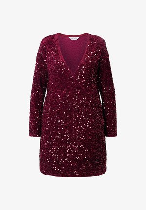 Burgunderfarbenes Paillettenkleid mit langen Ärmeln, tiefem V-Ausschnitt und texturiertem Stoff. Das Kleid ist mit schimmernden Pailletten über die gesamte Oberfläche verziert.