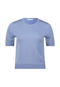 Maglione corto a maniche corte di colore azzurro chiaro, con scollatura rotonda e texture luminosa. Presenta polsini e orlo a coste, con un piccolo dettaglio del logo sul lato.
