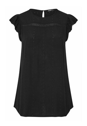 Zwarte blouse met korte mouwen, kanten bies over de borst, subtiele geborduurde verticale patronen en een keyhole-knoping aan de achterkant van de halslijn.