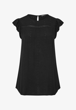 Sort kortærmet bluse med blondenærkant over brystet, subtile broderede lodrette mønstre og knaplukning med nøglehul øverst i nakken.