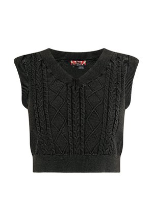 Sleeveless black knit sweater with a V-neck, featuring a textured cable pattern and ribbed hem. Fabric has a slight sheen.