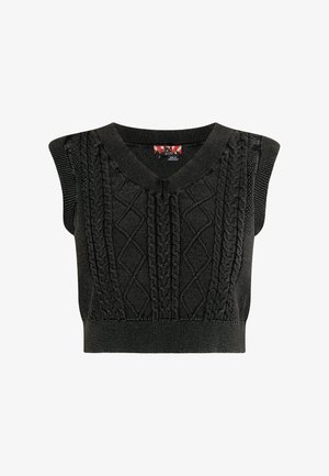 Sleeveless black knit sweater with a V-neck, featuring a textured cable pattern and ribbed hem. Fabric has a slight sheen.