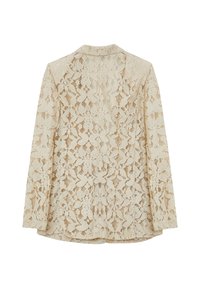 Blazer lungo beige in pizzo con maniche a sbuffo e motivo floreale, vista posteriore e colletto classico su sfondo bianco.