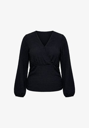 Sort tekstureret bluse med lange ærmer, V-hals og slå-om front samt taljesamling. Blusen har let puffede ærmer med elastiske manchetter.