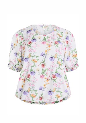 Blouse blanche à manches courtes avec poignets élastiques, encolure ronde et imprimé floral multicolore comprenant des tons de rose, violet, jaune et vert.