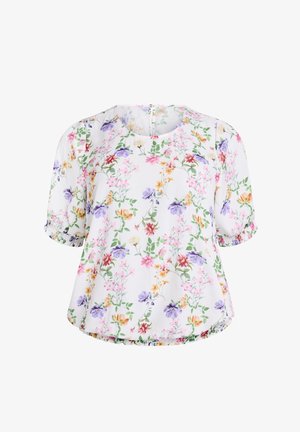 White short-sleeve blouse with elastic cuffs, round neckline, and multicolored floral print featuring pink, purple, yellow, and green tones.