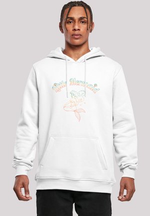 White hoodie featuring a pastel graphic of a mermaid and text "Little Mermaid" above. Material appears soft with a front pocket and drawstring hood.