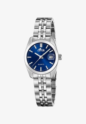 Orologio da polso in metallo argentato con quadrante blu, movimento al quarzo, display della data e bracciale in acciaio inossidabile. Presenta tre indicatori delle ore argentati.