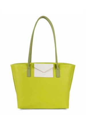 Sac fourre-tout vert lime avec une forme structurée, anses vert clair et un accent de style enveloppe blanc avec des détails en relief.