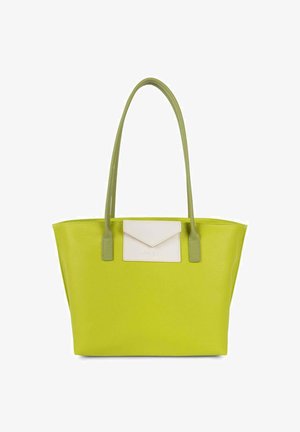 Sac fourre-tout vert lime avec une forme structurée, anses vert clair et un accent de style enveloppe blanc avec des détails en relief.