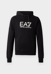 Sweat à capuche noir avec poche frontale et logo blanc EA7 Emporio Armani imprimé sur la poitrine.