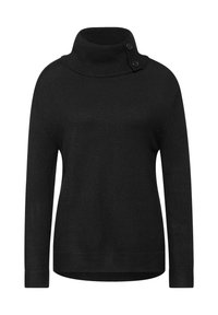Pull en tricot noir avec un col montant et trois boutons au cou. Comprend des manches longues et une coupe décontractée. Texture douce.