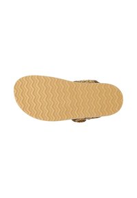 Suola in gomma marrone con una texture ondulata, caratterizzata da dettagli intrecciati dorati e un design piatto. Ideale per un abbigliamento casual.