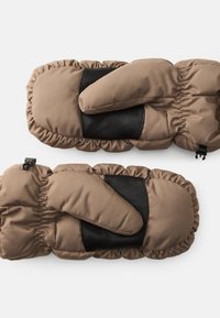Mittens acolchoados castanhos com detalhes em preto, apresentando punhos elásticos e uma palma texturizada para melhor aderência. Tecido suave e acolchoado com acabamento liso.