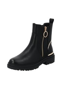Botines negros hasta el tobillo con un acabado de cuero suave, cremallera lateral con herrajes dorados, detalles texturizados en contraste y una suela de goma gruesa.
