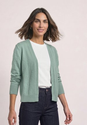 Femme aux cheveux bruns mi-longs portant un cardigan vert menthe par-dessus une chemise blanche et un jean bleu foncé, debout devant un fond uni.