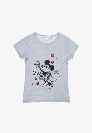 Gray cotton t-shirt featuring a graphic of a cartoon character with black and red accents, surrounded by red hearts and the text "YOO-HOO!"