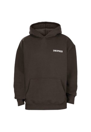 Haut à capuche marron foncé avec une poche avant, un capuchon à cordon et un texte blanc "DROPSIZE" sur la poitrine supérieure gauche. Tissu doux, coupe standard.