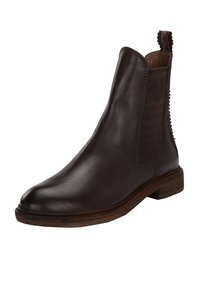 Botte Chelsea en cuir marron avec des panneaux élastiques sur les côtés, un bout arrondi et une semelle en caoutchouc cousue contrastante. Tirant à l'arrière avec des accents rouges.