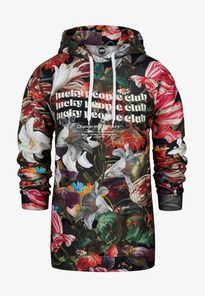 Květinová mikina s živými multicolor vzory květin na tmavém pozadí. Obsahuje kapuci na šňůrku a detail klokaní kapsy.