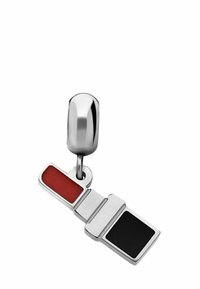 Metalen sleutelhanger met een ontwerp van een autogordel in zilveren afwerking, accentueert door een rood en zwart rechthoekig paneel. Soepele textuur en modern formaat.