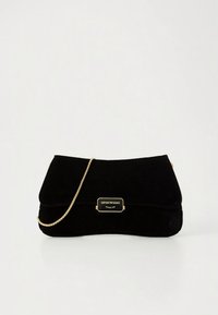 Black velvet clutch bag with a gold chain strap and a rectangular gold hardware logo detail on the front, featuring a flap closure.