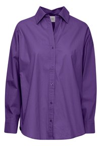 Lila Baumwollhemd mit Knöpfen, klassischem Kragen, langen Ärmeln und lockerer Passform. Mit Knöpfen und Seitenschlitzen am Saum.