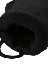 Borsa di stoffa nera con un morbido interno in pile. Caratterizzata da una chiusura con coulisse e un'esterno texturizzato. Forma cilindrica compatta.
