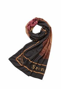 Krāsainais šalle ar tumšu pamatu, kurā ir teksturēti raksti bordo un zelta akcenti, gluda auduma un frakadu malas.