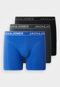 Tři páry boxerky: modré, tmavě šedé a černé. Každé mají měkký elastický pas se znakem "JACK & JONES" v kontrastních barvách.
