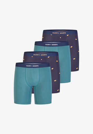 Set aus vier Boxershorts in Türkis und Marineblau, mit orangen Obstmustern. Dehnbare Stoffe mit einem elastischen Bund, der mit "HAPPY SHORTS" beschriftet ist.