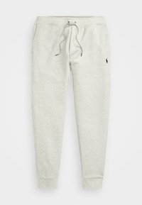Light gray sweatpants with elastic waistband, drawstring, ribbed cuffs, and small logo on the hip. Soft texture and casual design.