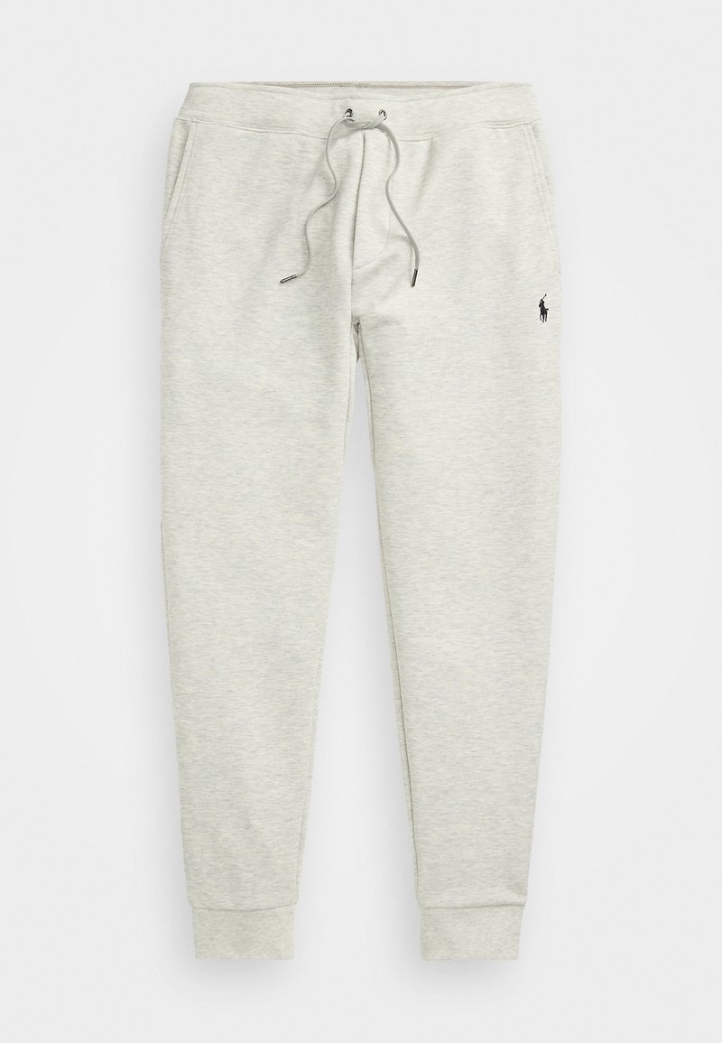 Light gray sweatpants with elastic waistband, drawstring, ribbed cuffs, and small logo on the hip. Soft texture and casual design.