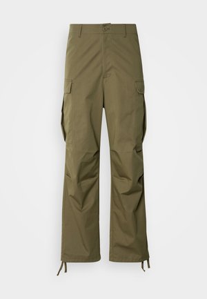 Olive green cargo pants made of durable fabric, featuring a straight-leg design, side pockets, and adjustable ankle ties.