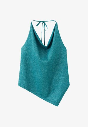 Haut dos nu turquoise scintillant avec un col bénitier ample et un ourlet asymétrique, noué à l’arrière avec des bretelles fines.